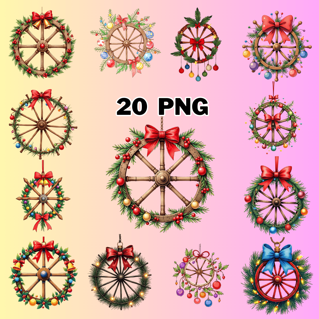 Watercolor Wagon Wheel Ornaments Sublimation Clipart Bundle preview image.