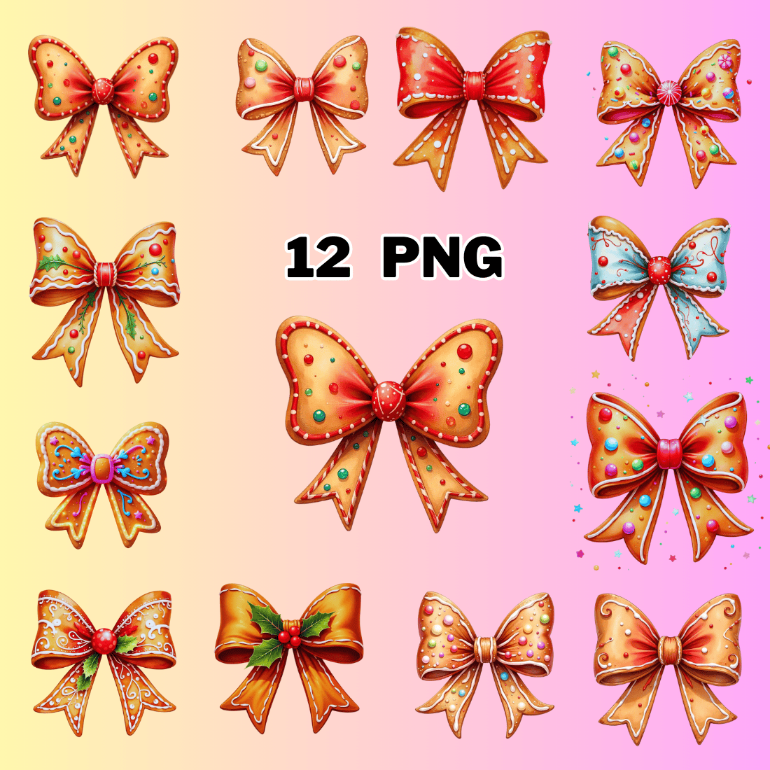 Watercolor Gingerbread Bows Sublimation Clipart preview image.