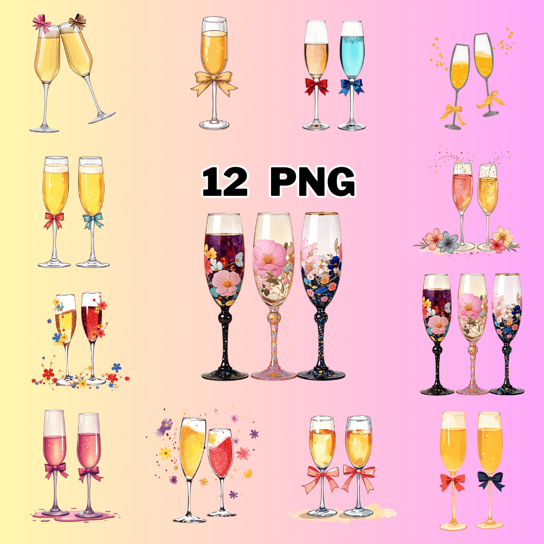 Watercolor Champagne Glasses with Bows Illustration Clipart Bundle preview image.