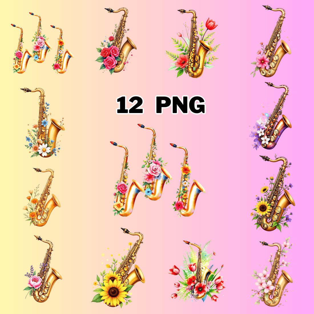 Watercolor Floral Saxophone Sublimation Clipart Bundle preview image.