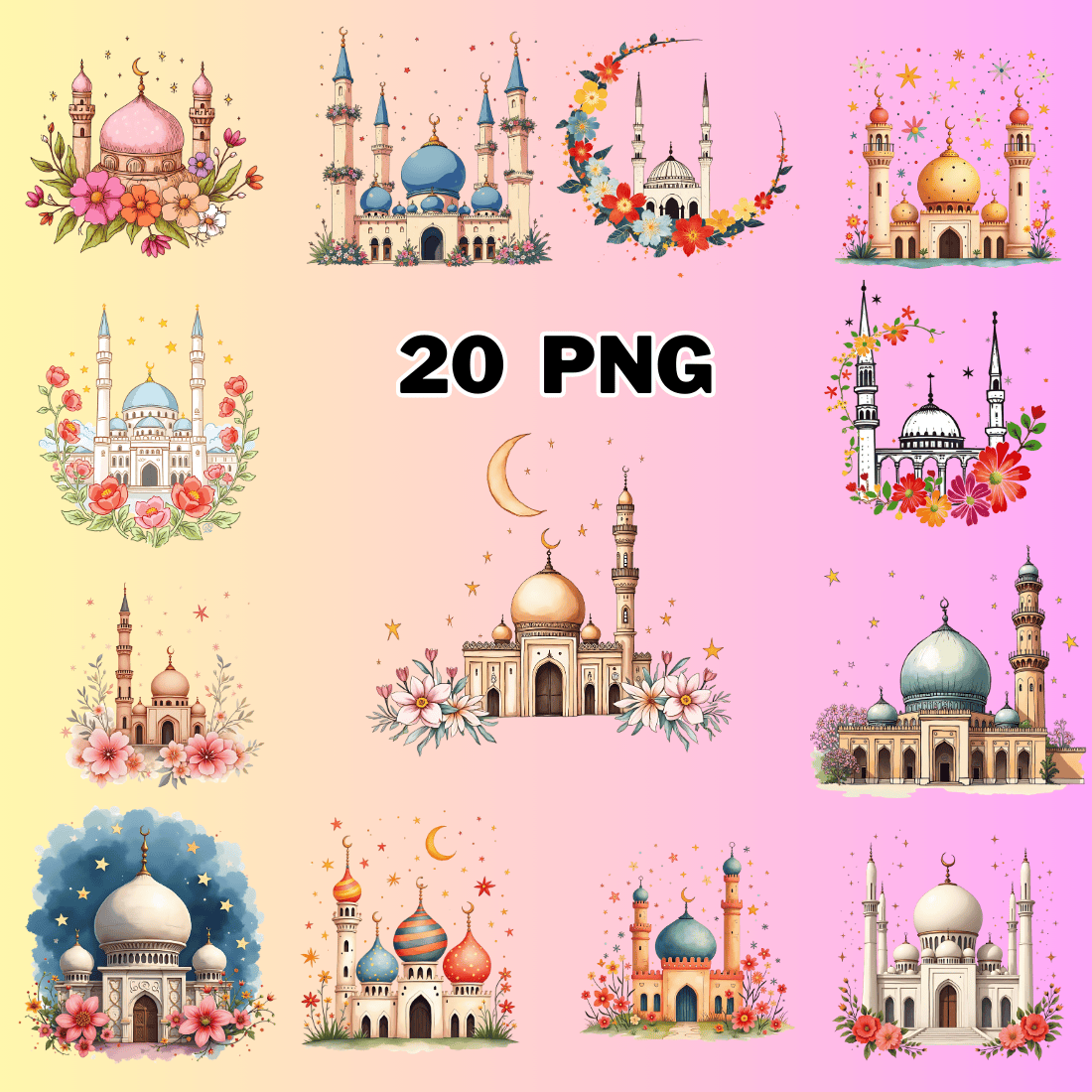 Watercolor Mosque with flowers Sublimation Clipart Bundle preview image.