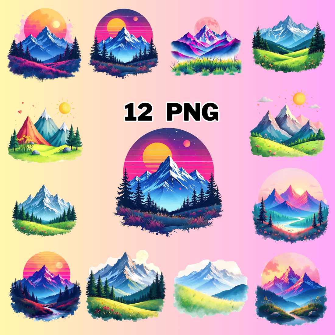 Watercolor Mountain Landscape Sublimation Clipart preview image.