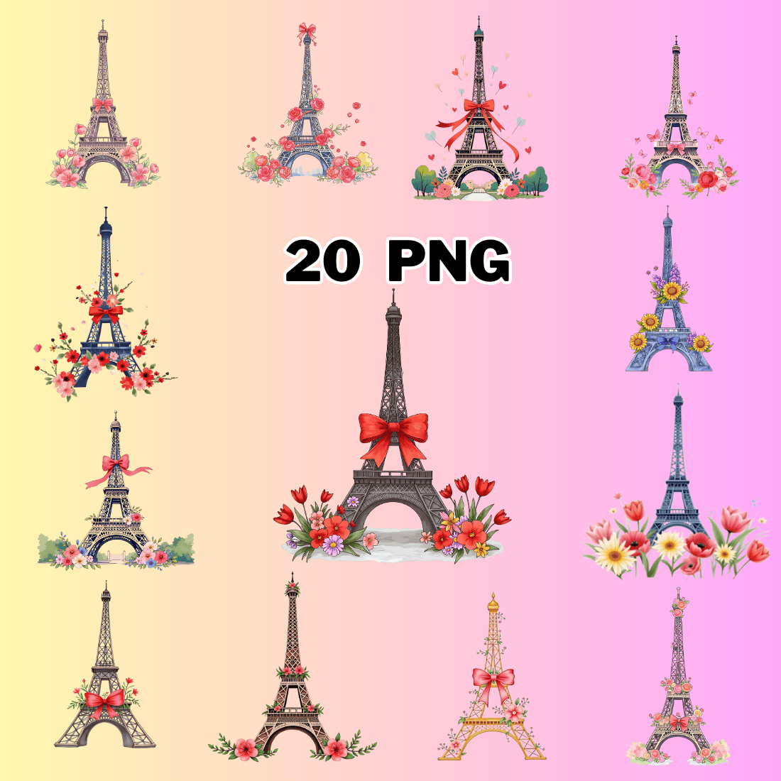 Watercolor Eiffel Tower Sublimation Clipart Bundle preview image.