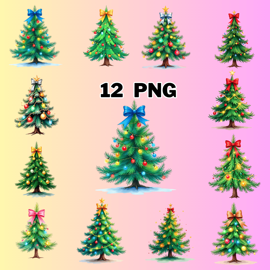 Colorful Pine Tree with Decoration Sublimation Clipart bundle preview image.