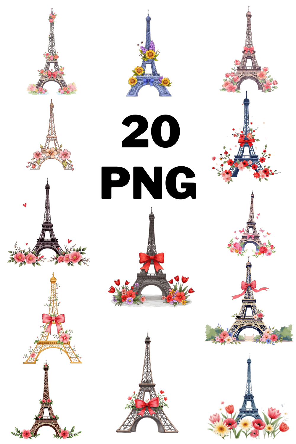 Watercolor Eiffel Tower Sublimation Clipart Bundle pinterest preview image.