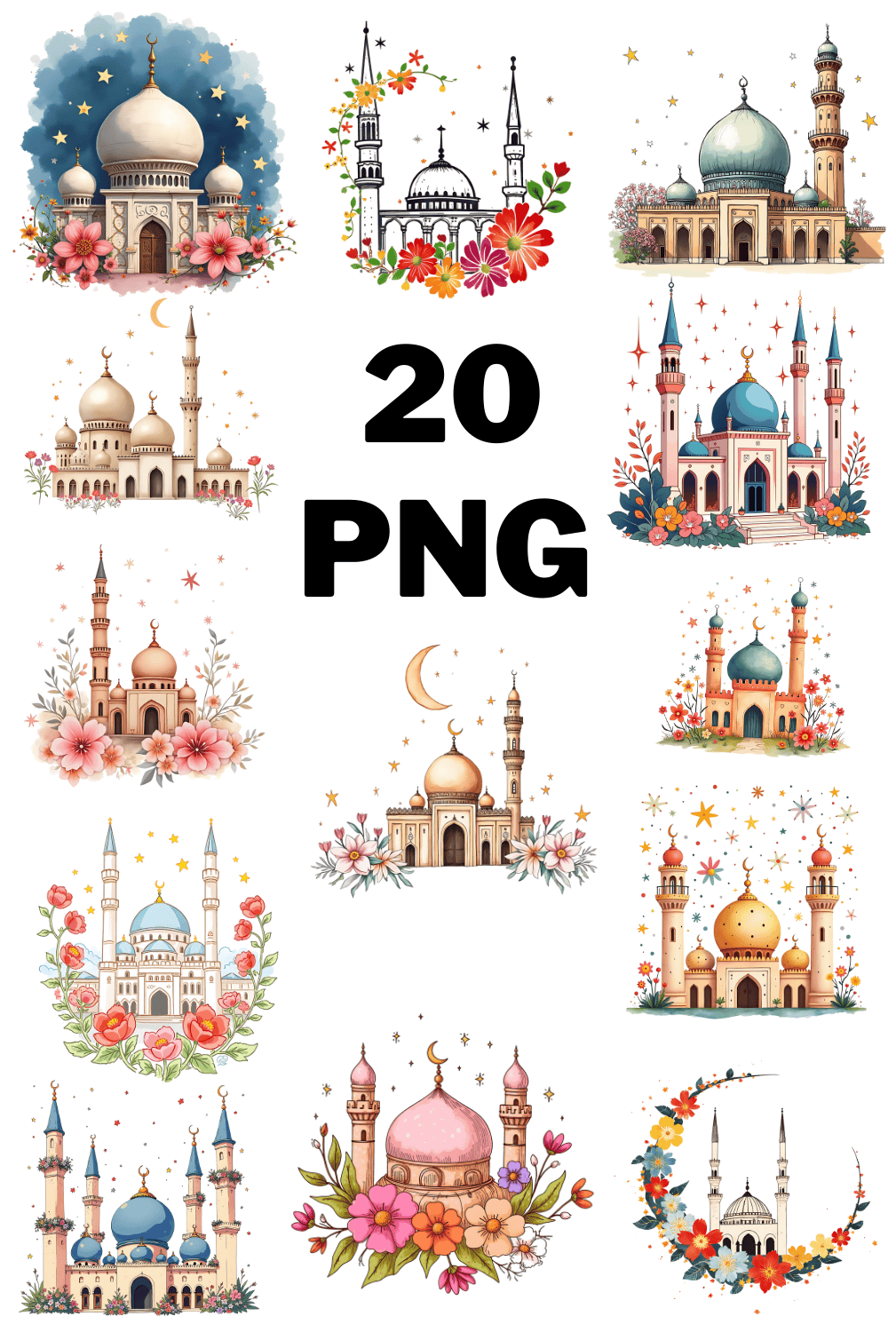 Watercolor Mosque with flowers Sublimation Clipart Bundle pinterest preview image.