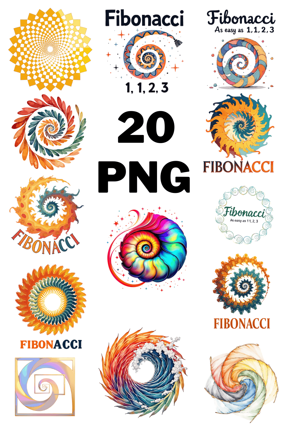 watercolor Fibonacci Sublimation Clipart Bundle pinterest preview image.