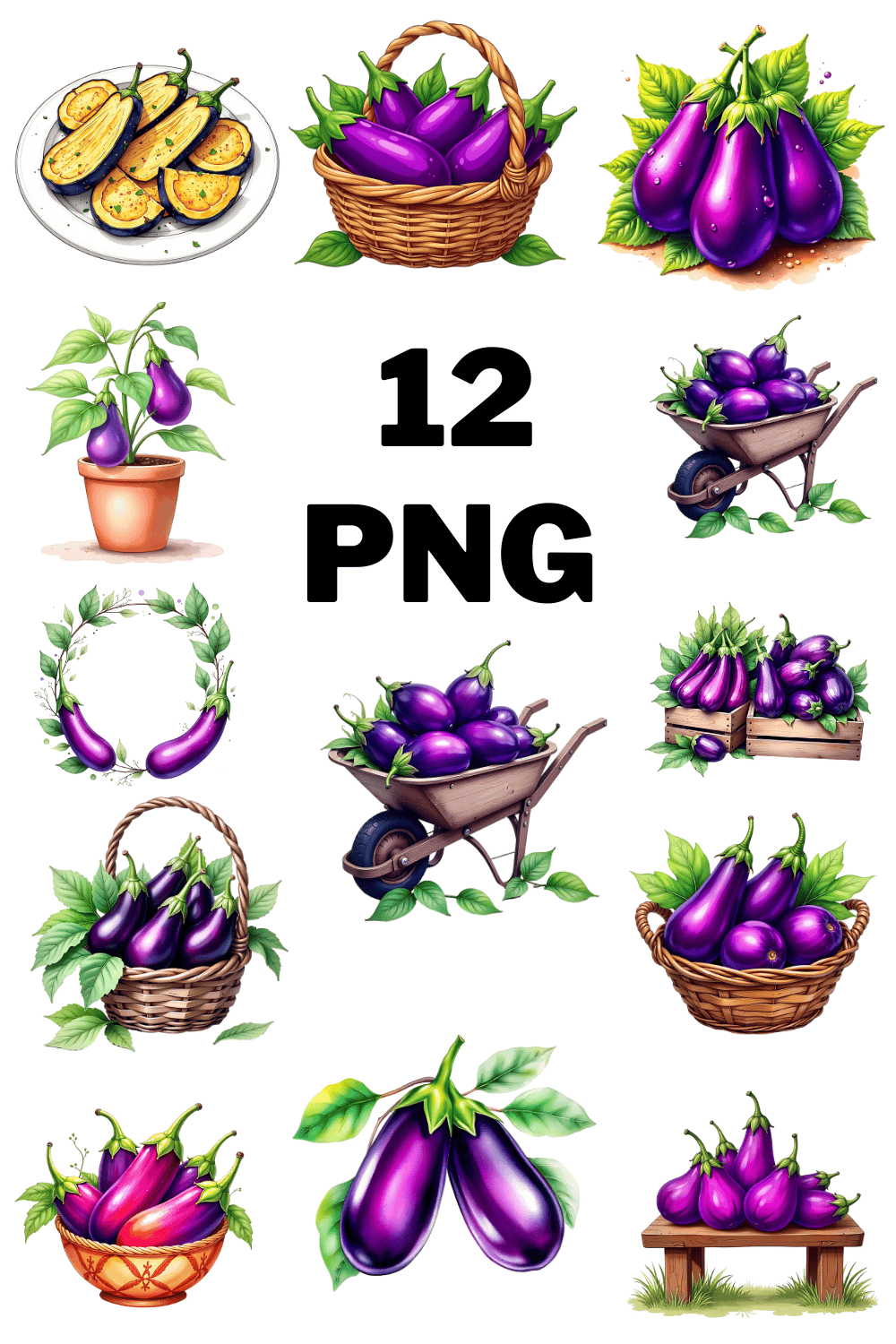 Watercolor Eggplant Sublimation Clipart bundle pinterest preview image.