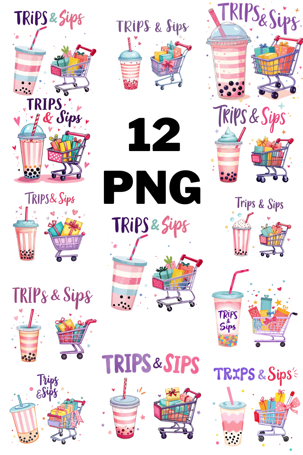 Watercolor Trips & Sips Sublimation Clipart Bundle pinterest preview image.