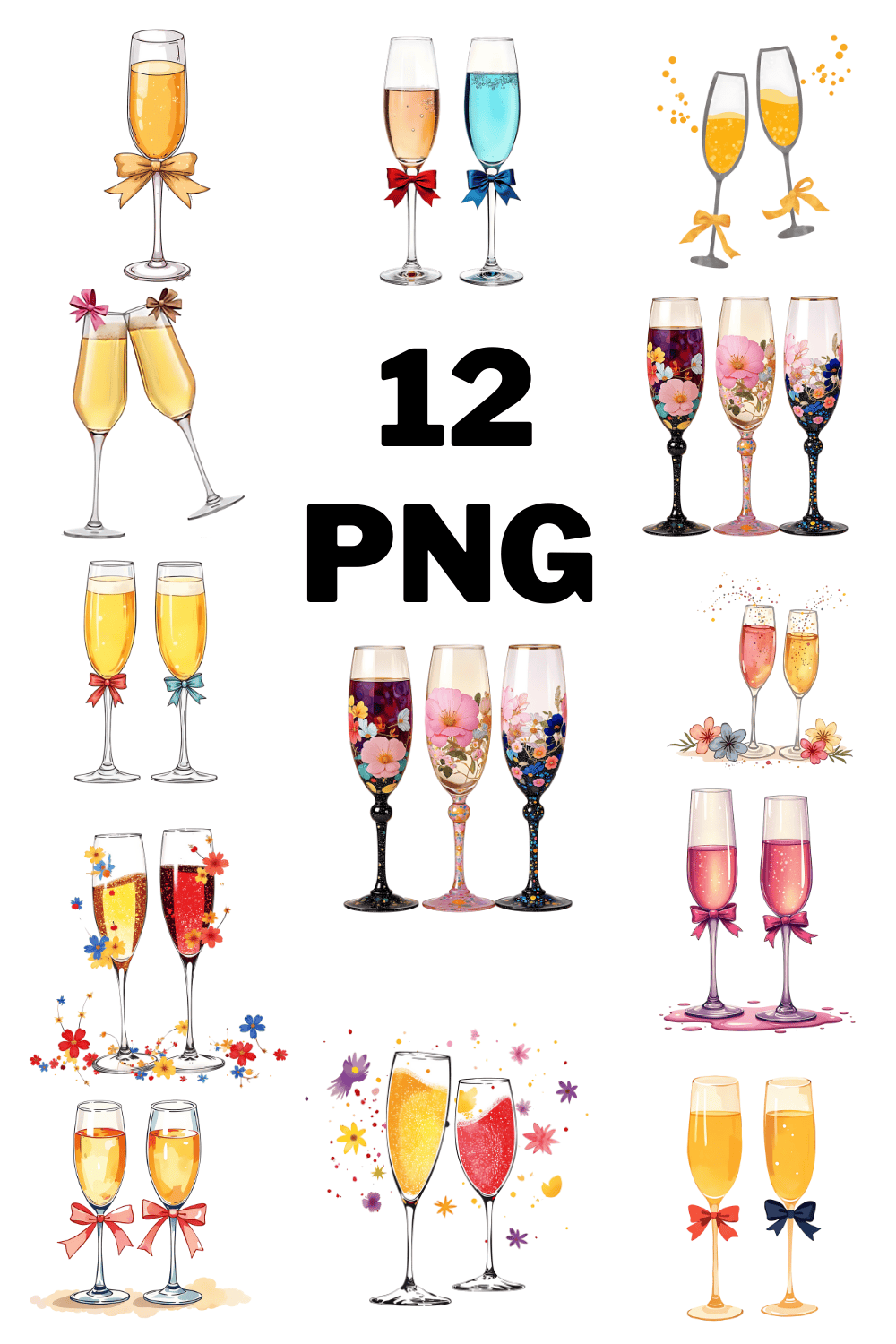 Watercolor Champagne Glasses with Bows Illustration Clipart Bundle pinterest preview image.