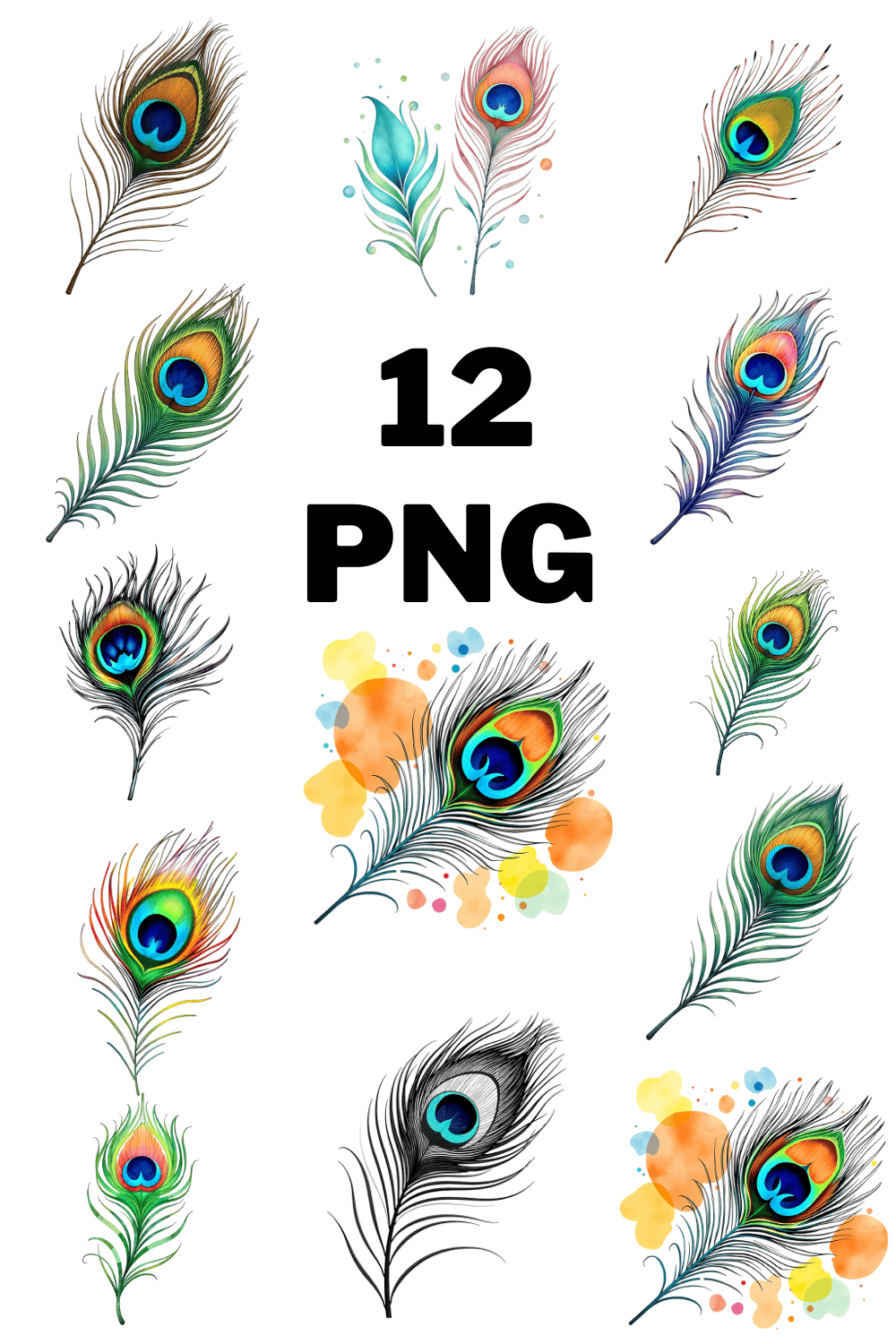 Watercolor Peacock Feathers Sublimation Clipart Bundle pinterest preview image.