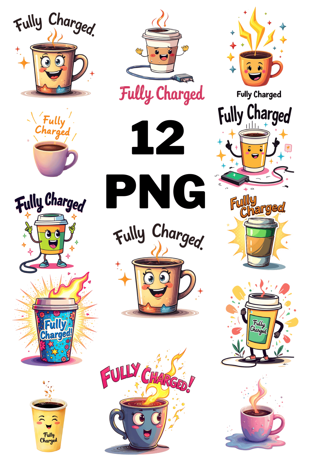 Fully Charged With Coffee Illustration Clipart pinterest preview image.