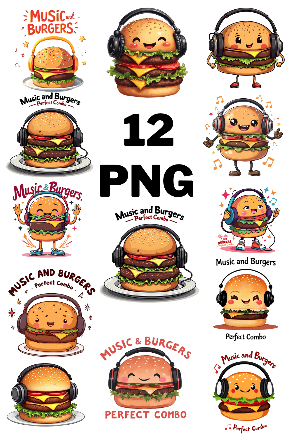 Watercolor Music and Burgers Illustration Clipart Bundle pinterest preview image.