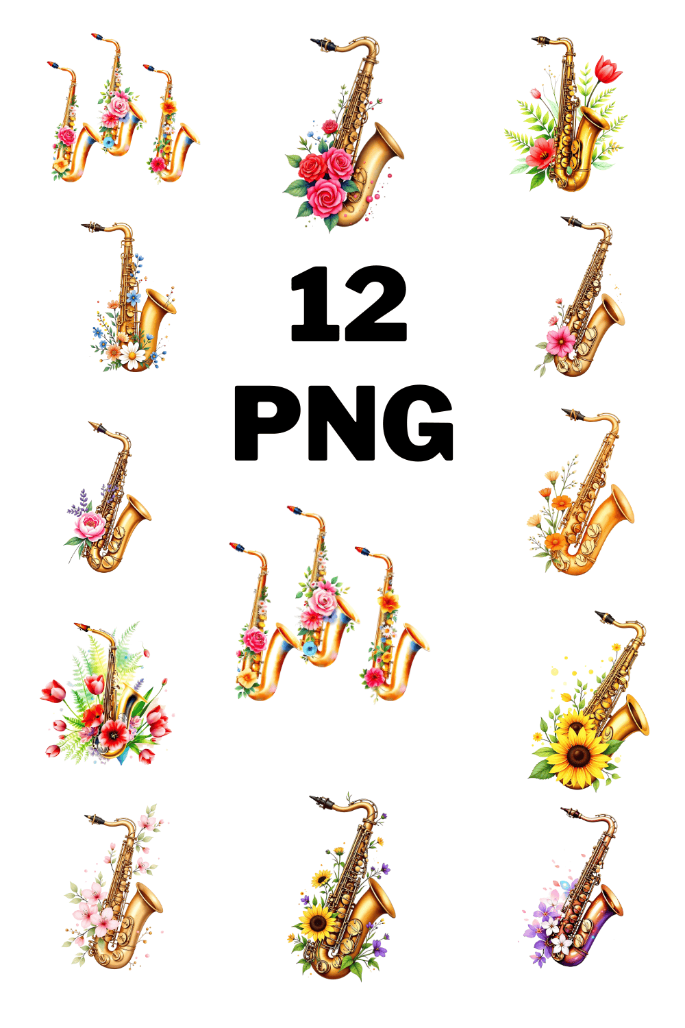 Watercolor Floral Saxophone Sublimation Clipart Bundle pinterest preview image.