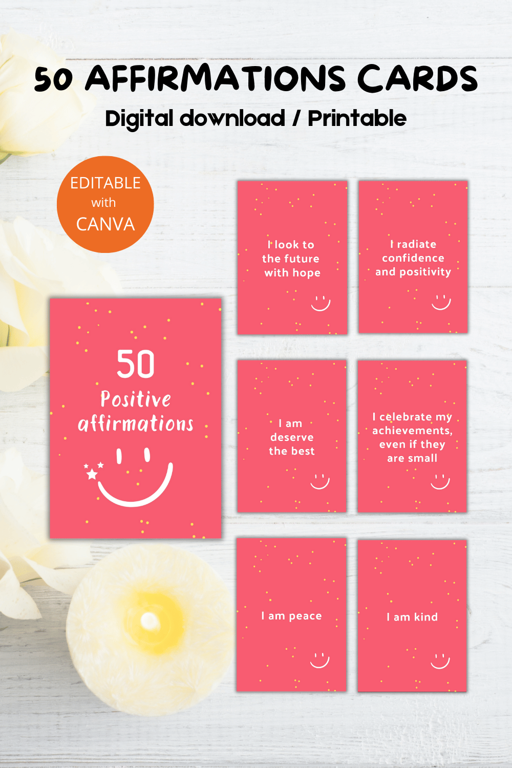 50 positive affirmations cards - Canva template pinterest preview image.