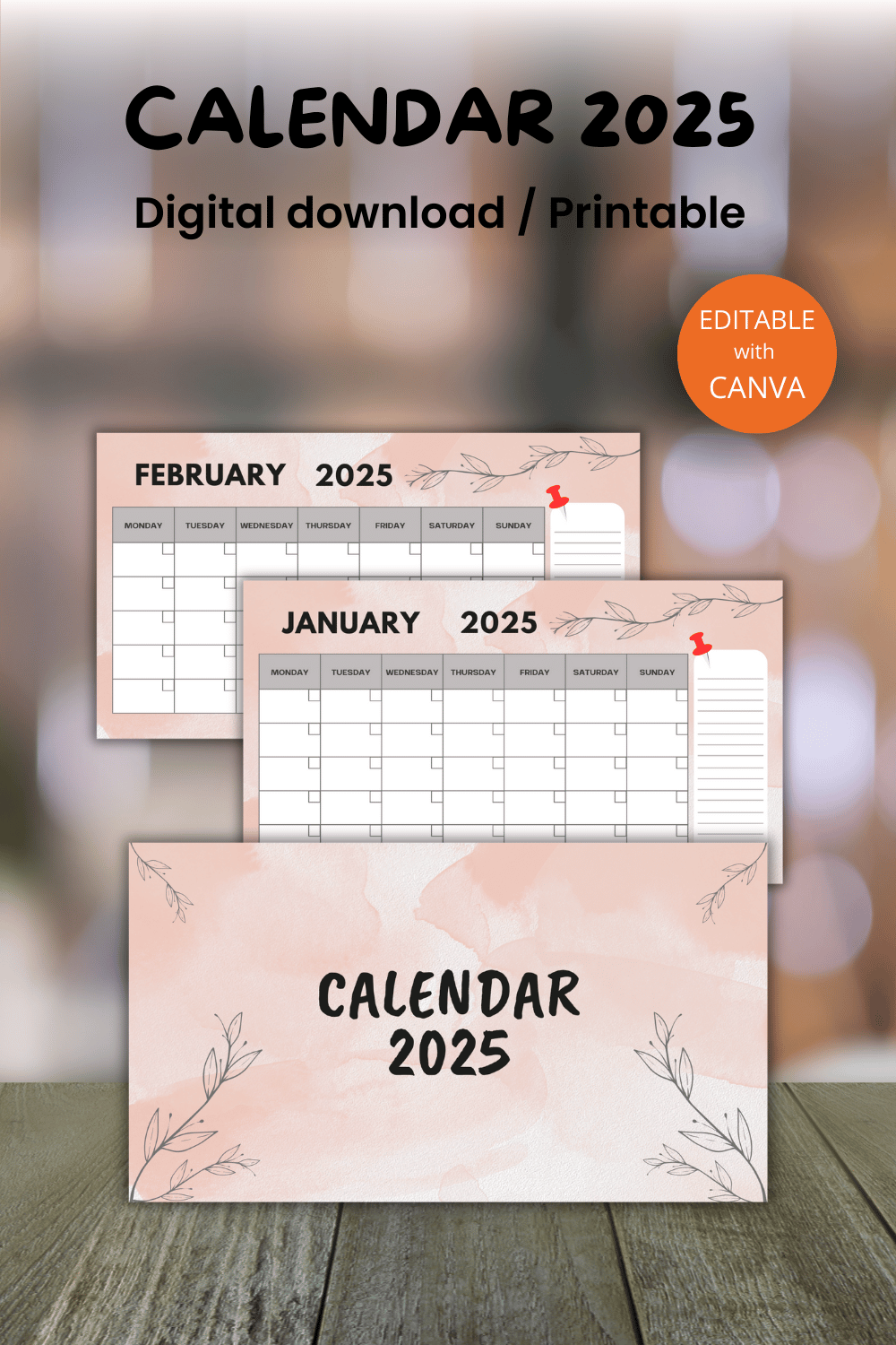 Calendar 2025 Canva template Editable pinterest preview image.