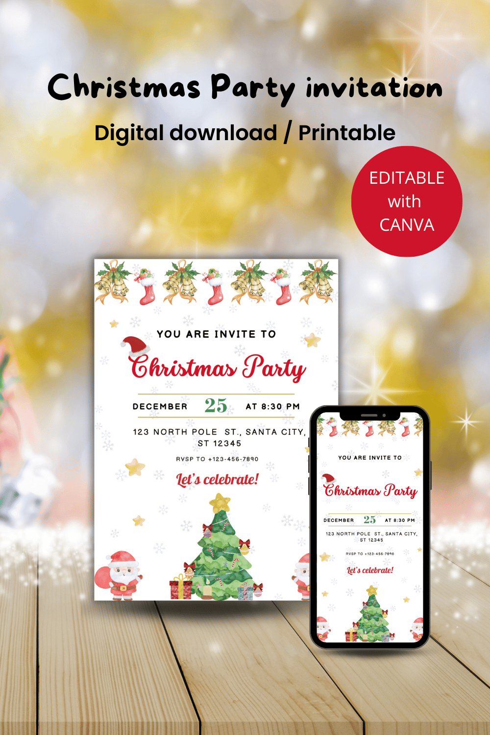 Christmas party invitation Canva template Editable pinterest preview image.