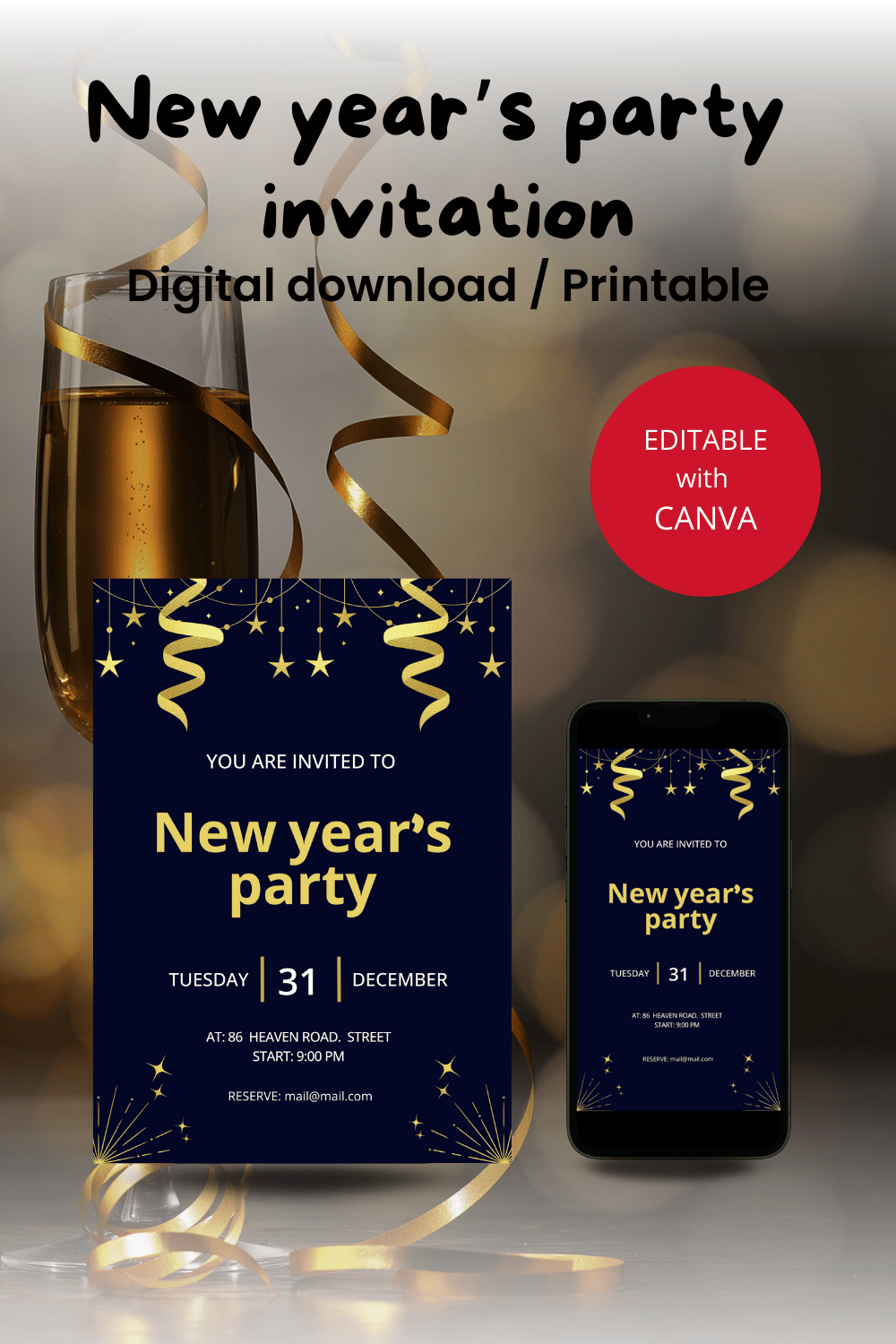 New year's party CANVA template Editable pinterest preview image.