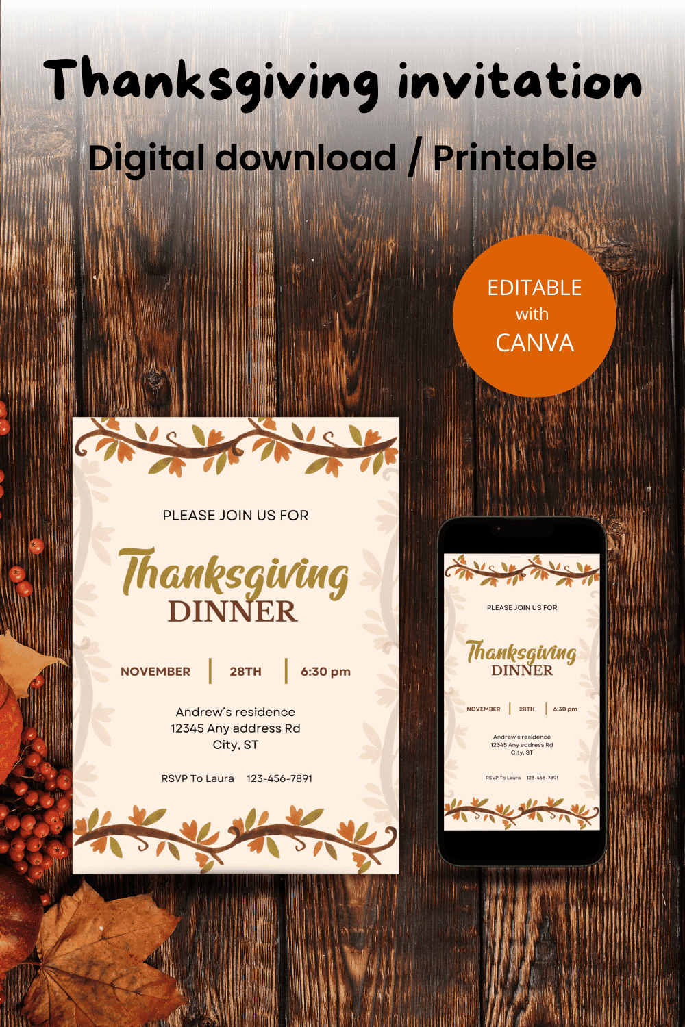 Thanksgiving dinner invitation Canva template pinterest preview image.