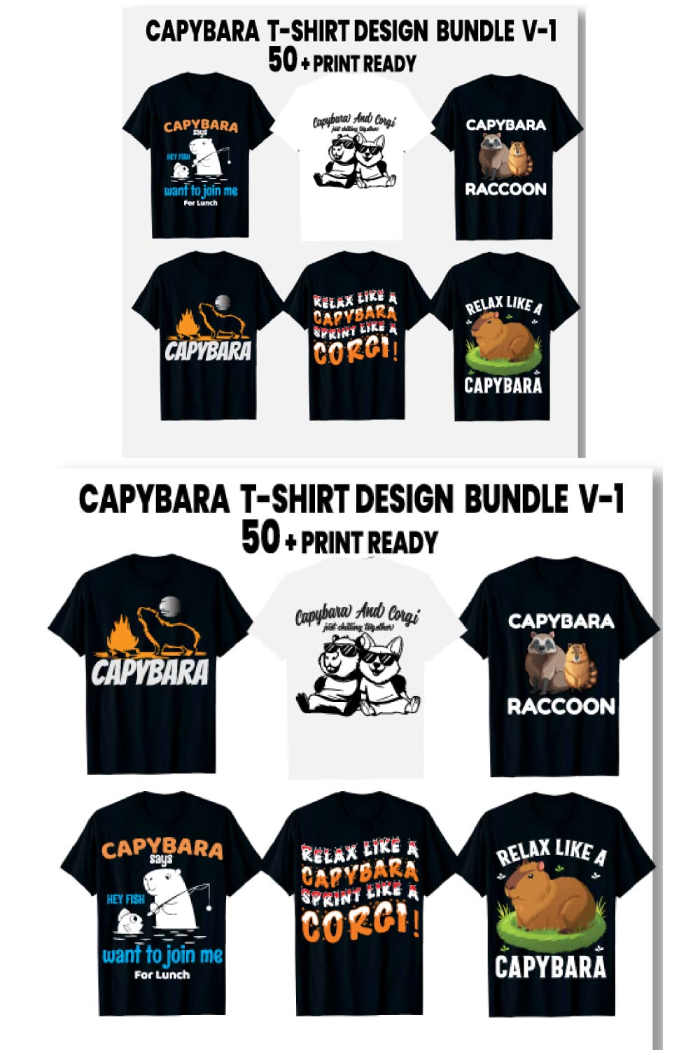 Print Ready Creative Capybara T-shirt 50+ Bundle Design pinterest preview image.