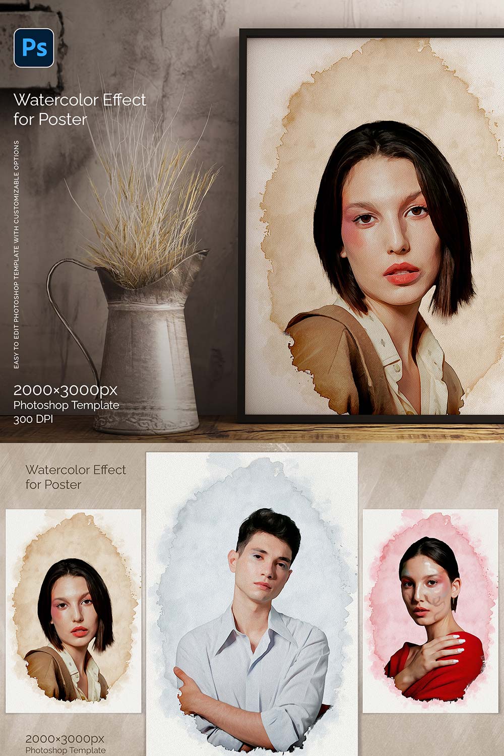 Portrait Watercolor Template pinterest preview image.