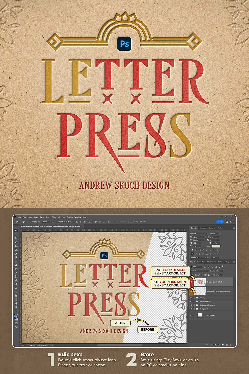 Letter Press Text & Logo Effect pinterest preview image.