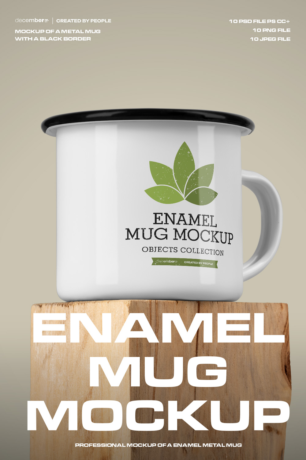 10 Mockups of Enamel Metal Mug with Black Border on Old Wood pinterest preview image.