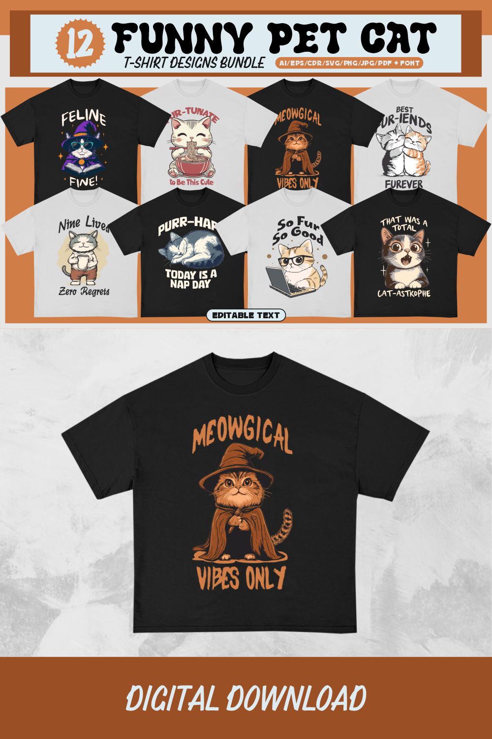 Funny Pet Cat T-shirt Designs Bundle pinterest preview image.