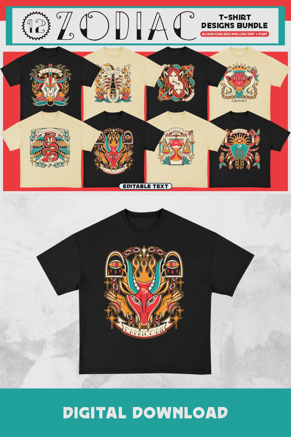 Zodiac T-shirt Designs Bundle pinterest preview image.