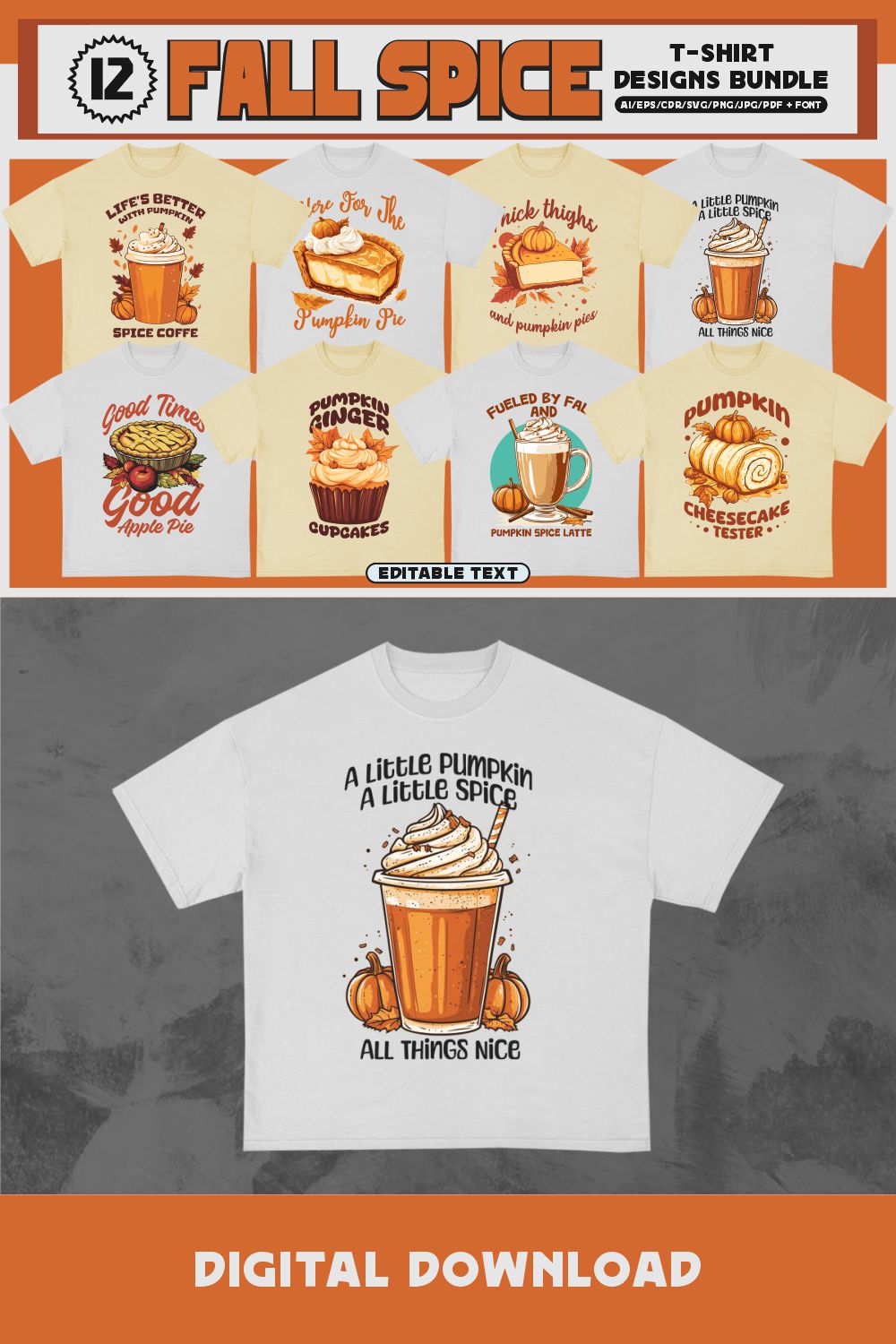 Fall Spice T-shirt Designs Bundle pinterest preview image.