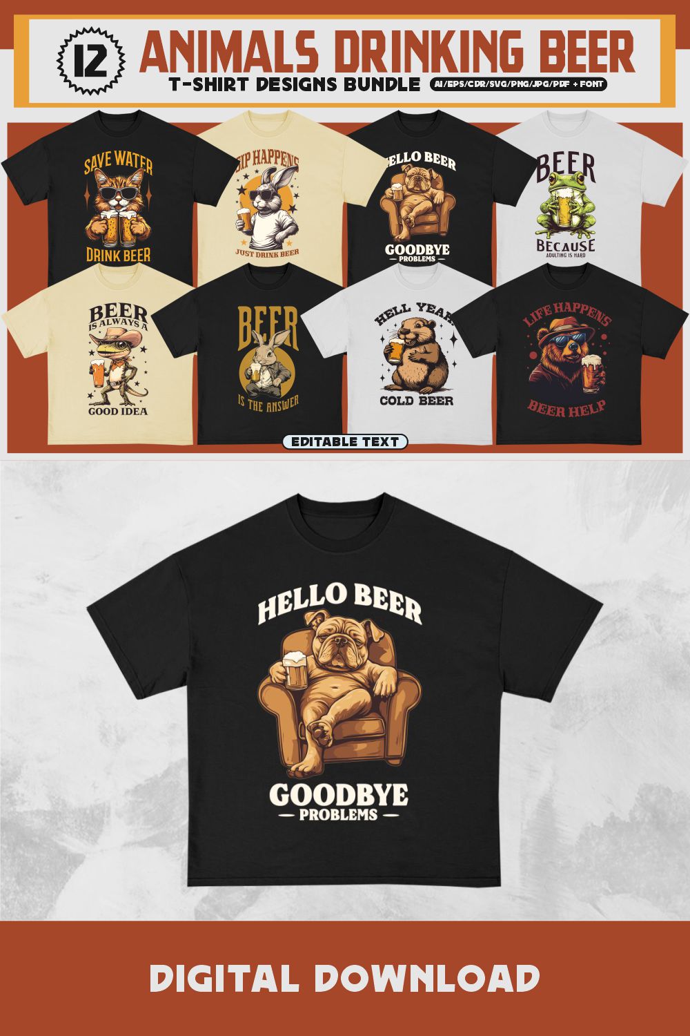 Animals Drinking Beer T-shirt Designs Bundle pinterest preview image.