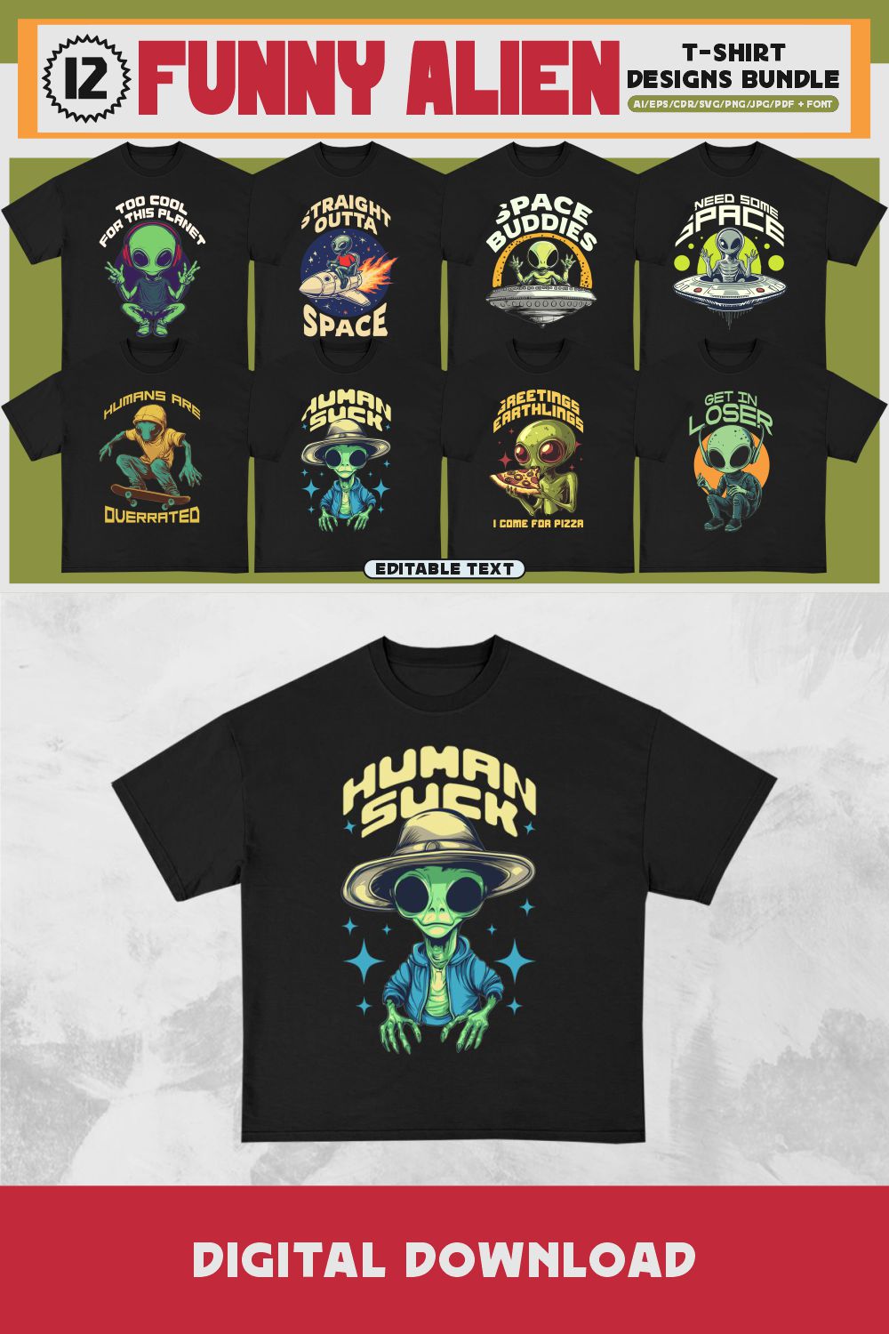 Funny Alien T-shirt Designs Bundle pinterest preview image.