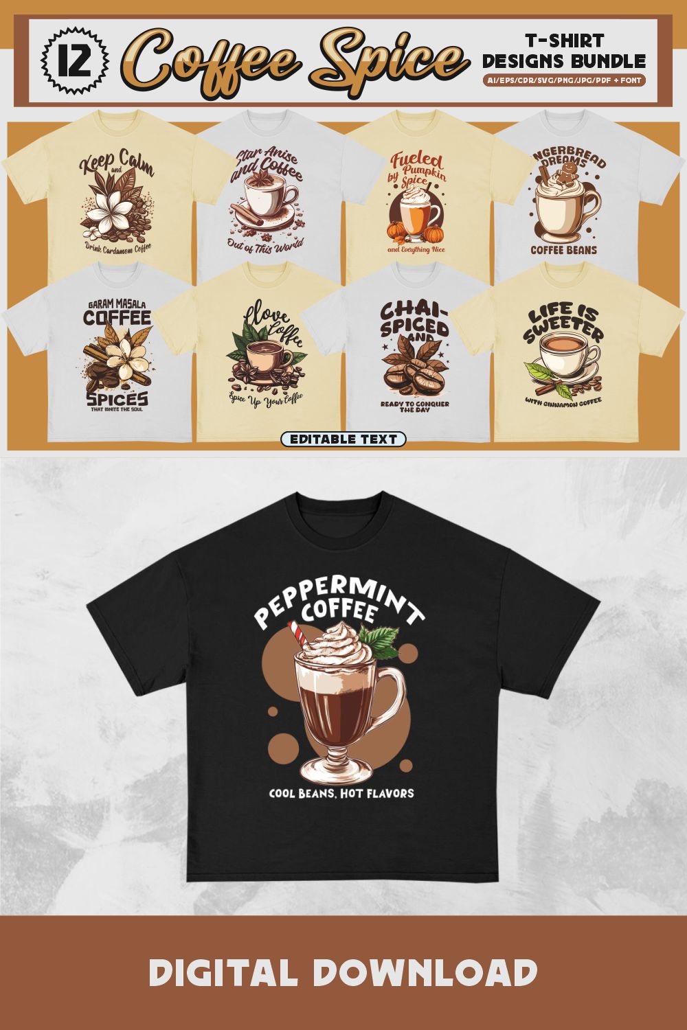 Coffee Spice T-shirt Designs Bundle pinterest preview image.