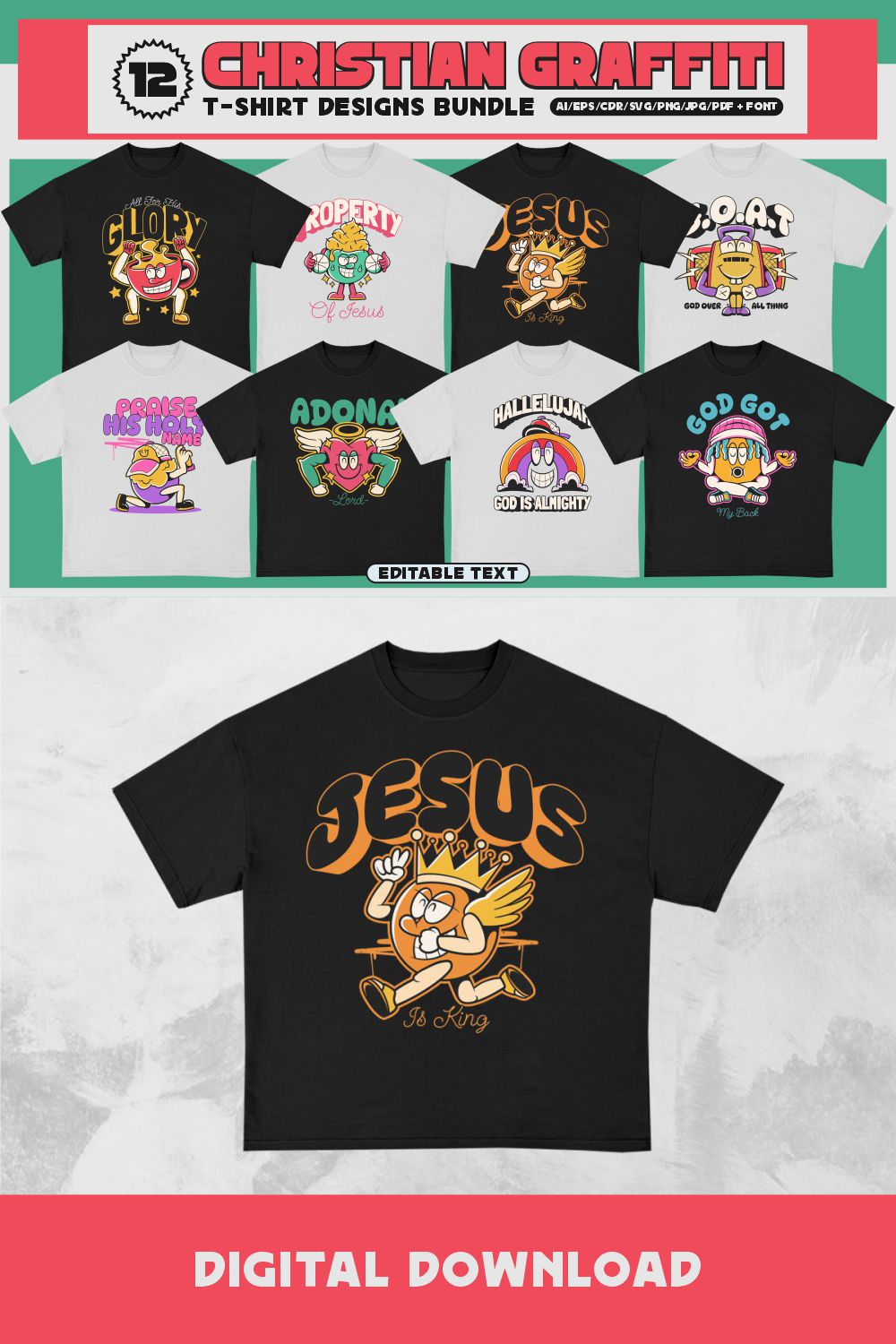 Christian Graffiti T-shirt Designs Bundle pinterest preview image.