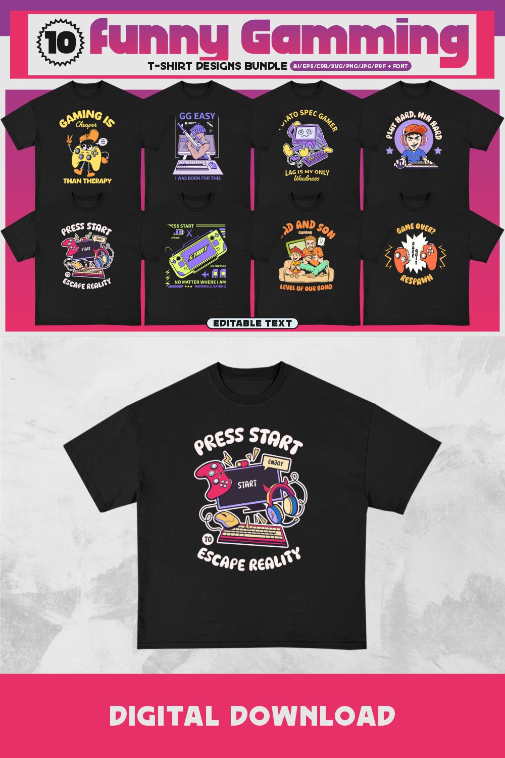 Funny Gaming T-shirt Designs Bundle pinterest preview image.