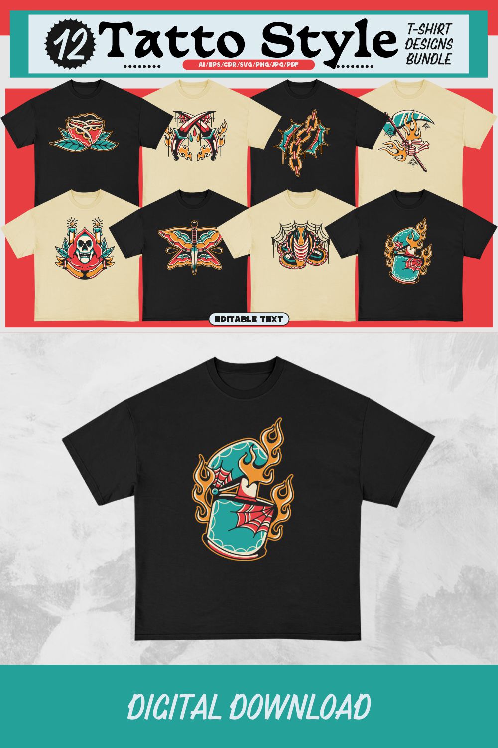 Tattoo Style T-shirt Designs Bundle pinterest preview image.