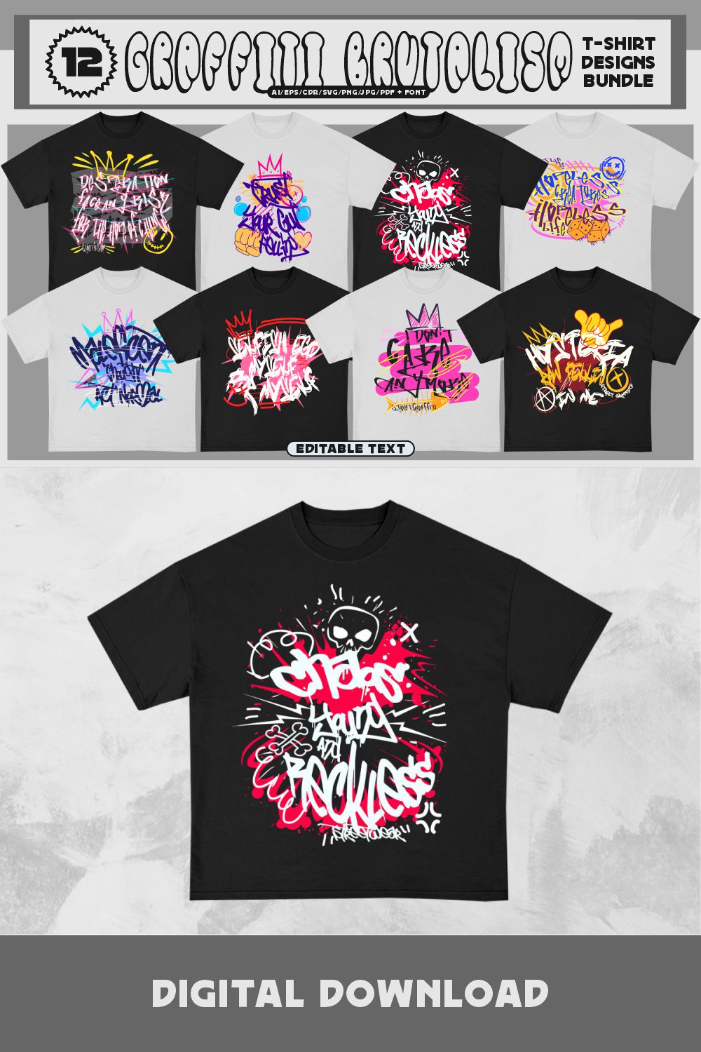 Graffiti Brutalism T-shirt Designs Bundle pinterest preview image.