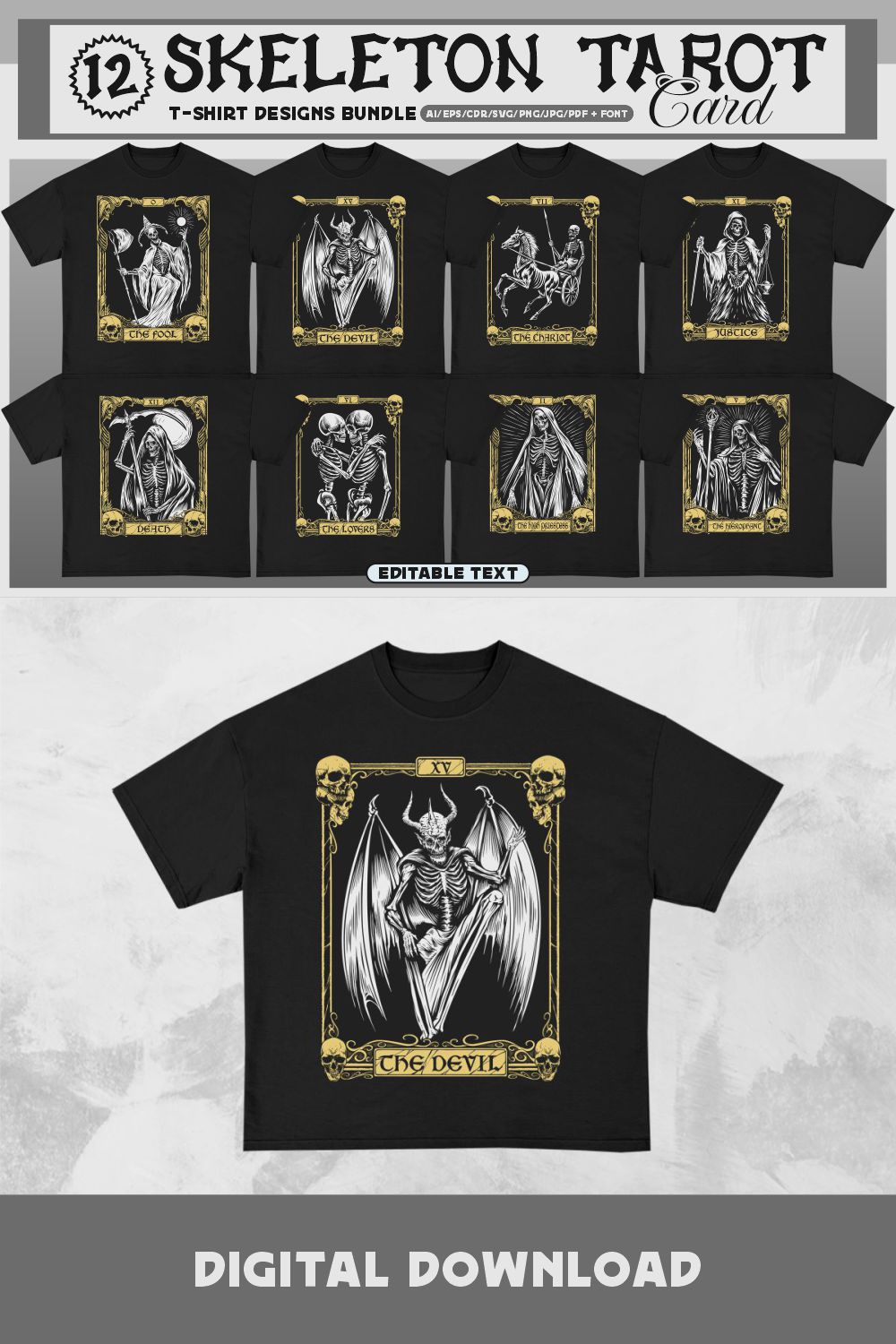 Skeleton Tarot Card T-shirt Designs Bundle pinterest preview image.