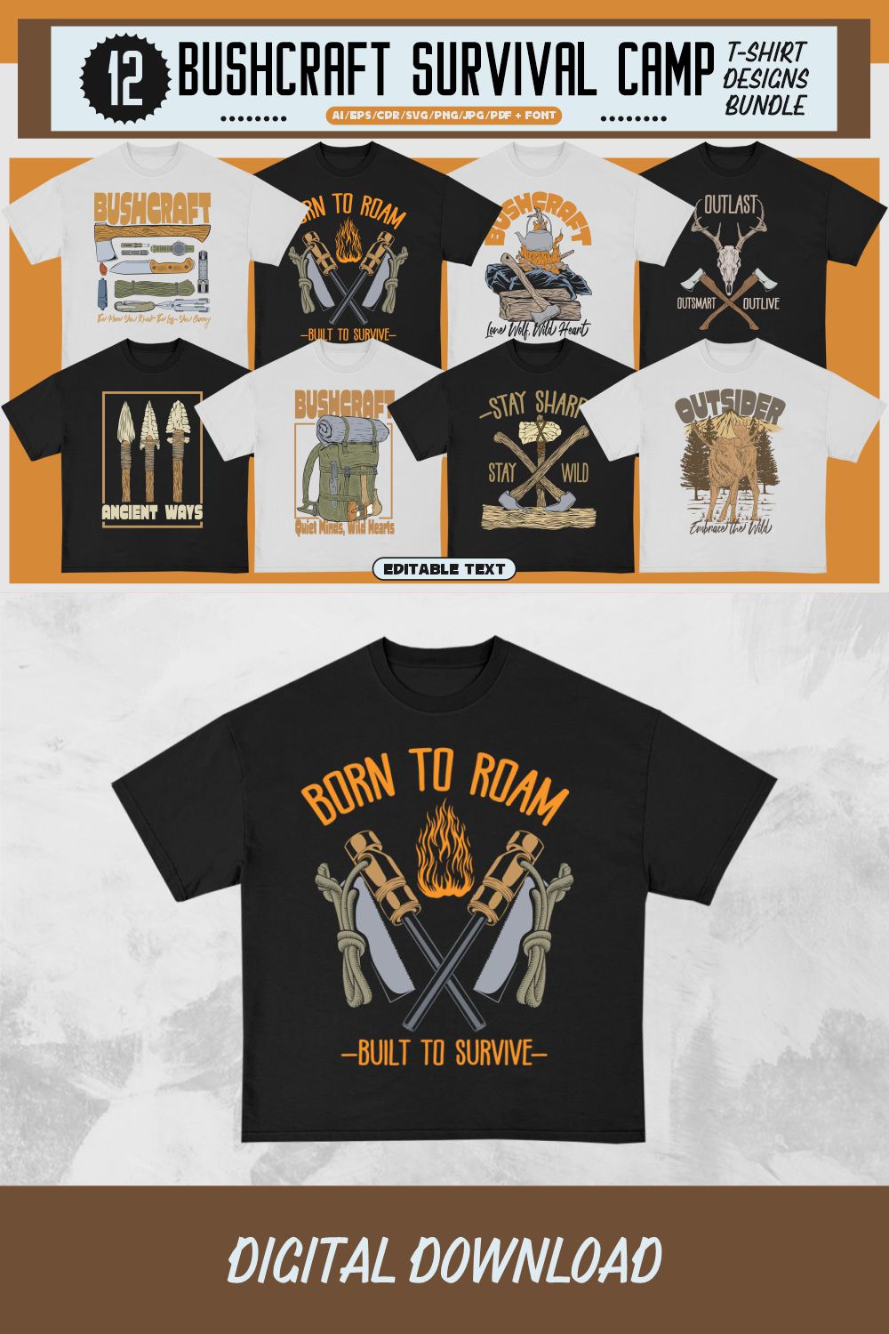 Bushcraft Survival Camp T-shirt Designs Bundle pinterest preview image.