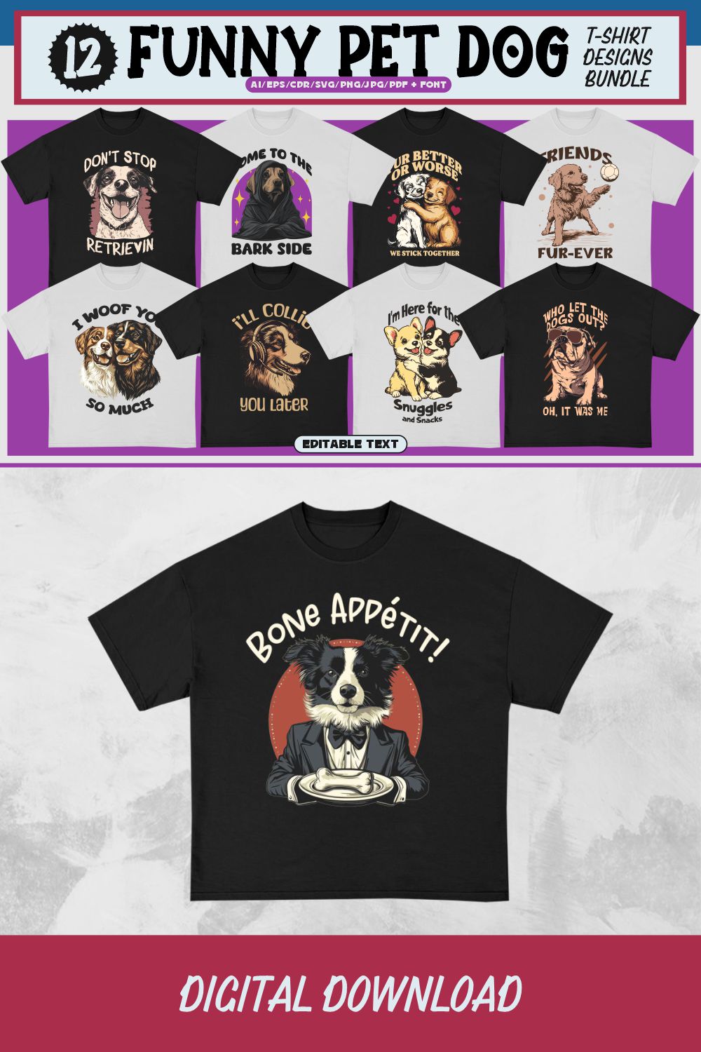 Funny Pet Dog T-shirt Designs Bundle pinterest preview image.