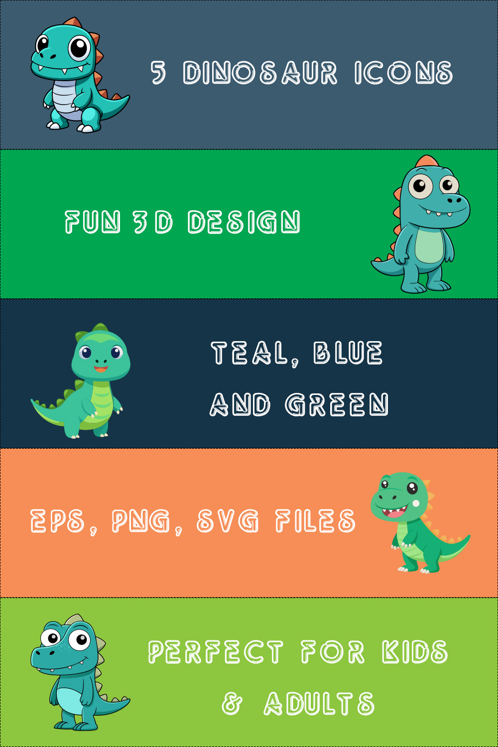 5 Cartoon Dinosaur Logo Icons - 3d Style pinterest preview image.