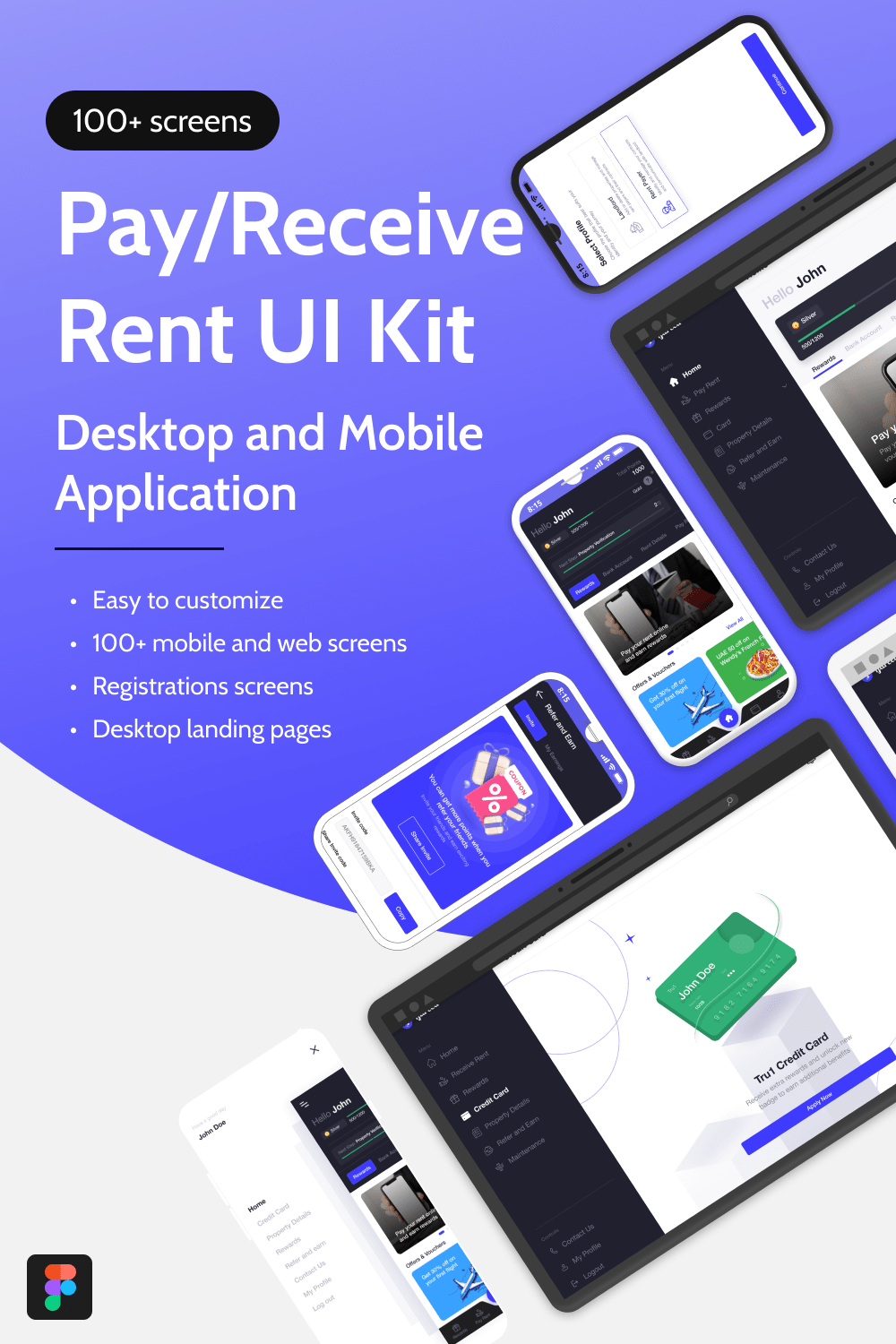 Mobile & Web application - Pay/Receive Rent 0r Landlord UI Kit Figma pinterest preview image.