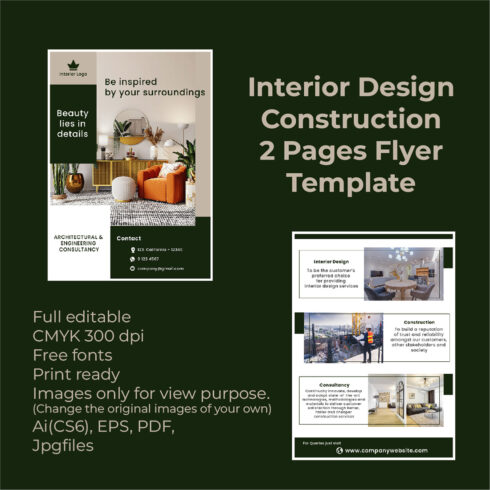 Interior Design Construction 2 Pages Flyer Template cover image.