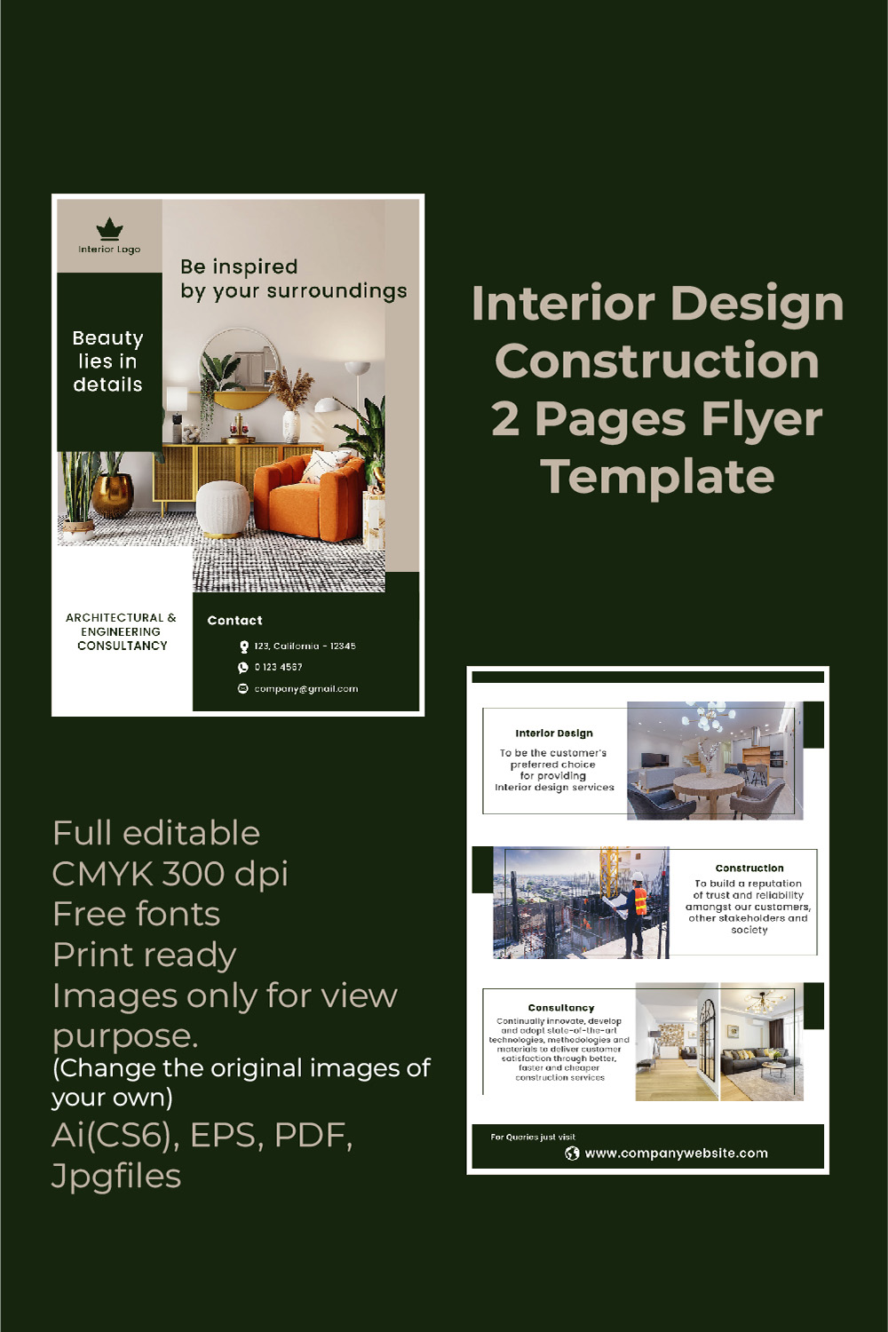 Interior Design Construction 2 Pages Flyer Template pinterest preview image.