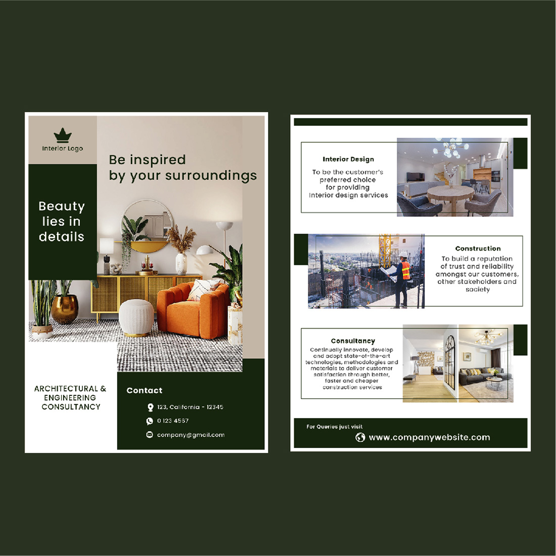 Interior Design Construction 2 Pages Flyer Template preview image.