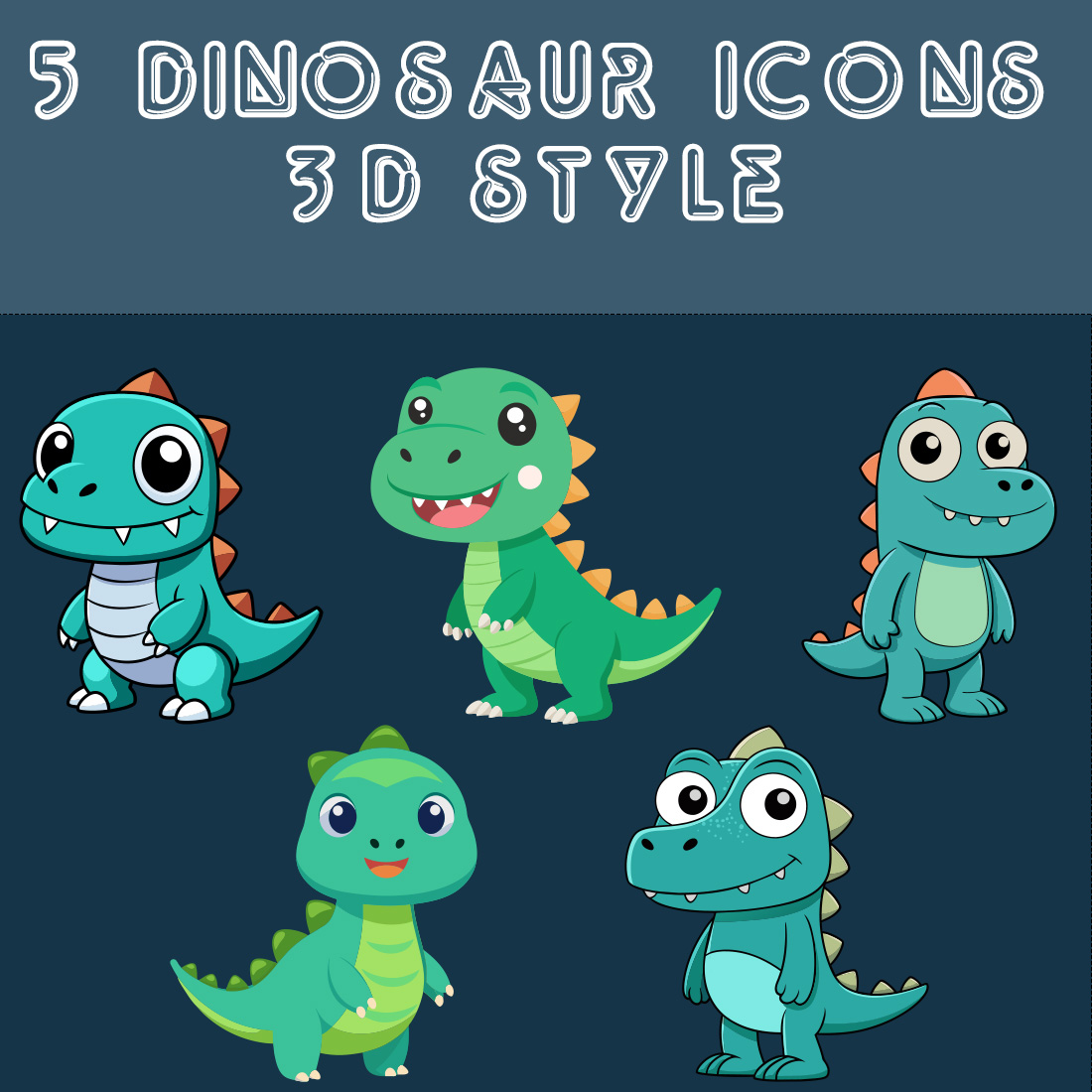 5 Cartoon Dinosaur Logo Icons - 3d Style preview image.