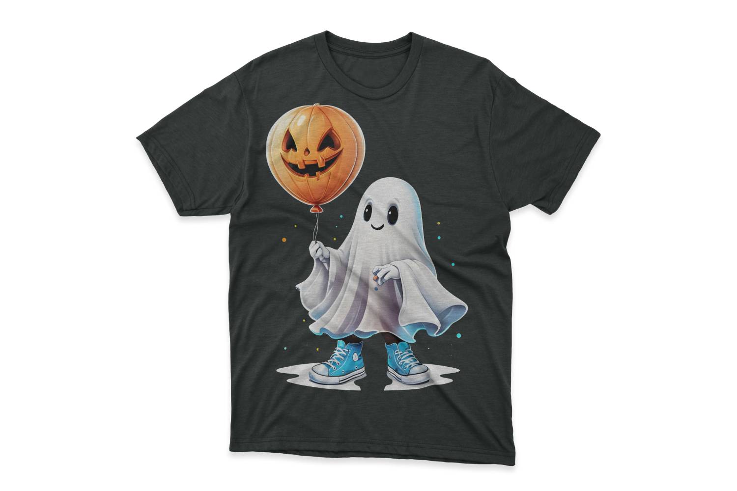 Cute Ghost with Pumpkins T-shirt Design pinterest preview image.