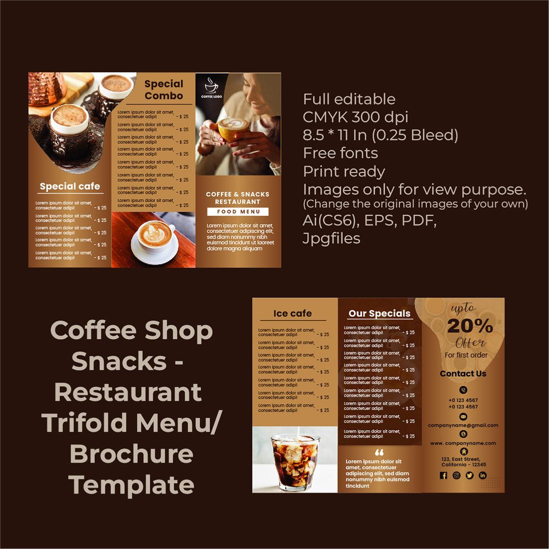 Coffee Shop Snacks - Restaurant Trifold Menu / Brochure Template cover image.