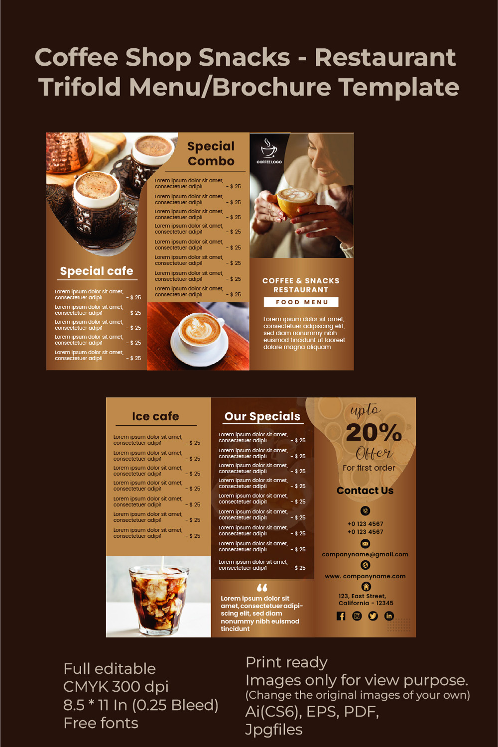 Coffee Shop Snacks - Restaurant Trifold Menu / Brochure Template pinterest preview image.