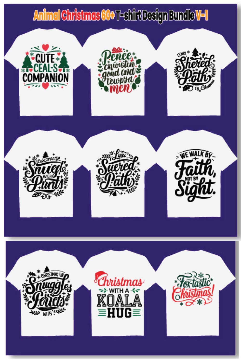 Print Ready Creative Animal Christmas 60+ T-shirt Design Bundle pinterest preview image.